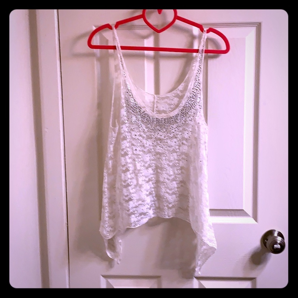 Sheer gem beaded overshirt crop high-low tank